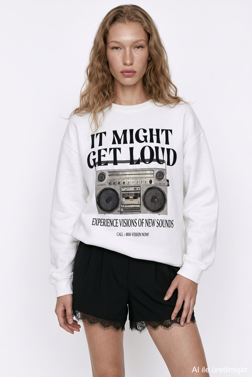 Radyo Baskılı Oversize Sweatshirt Ekru