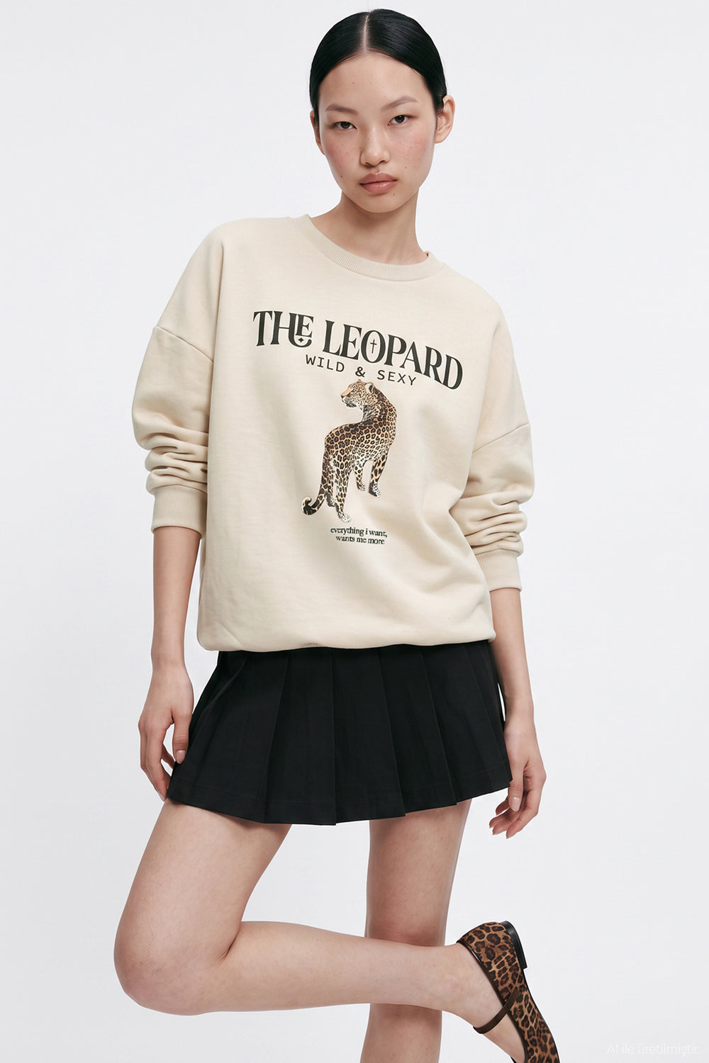 Yazı ve Leopar Baskılı Oversize Sweatshirt Bej