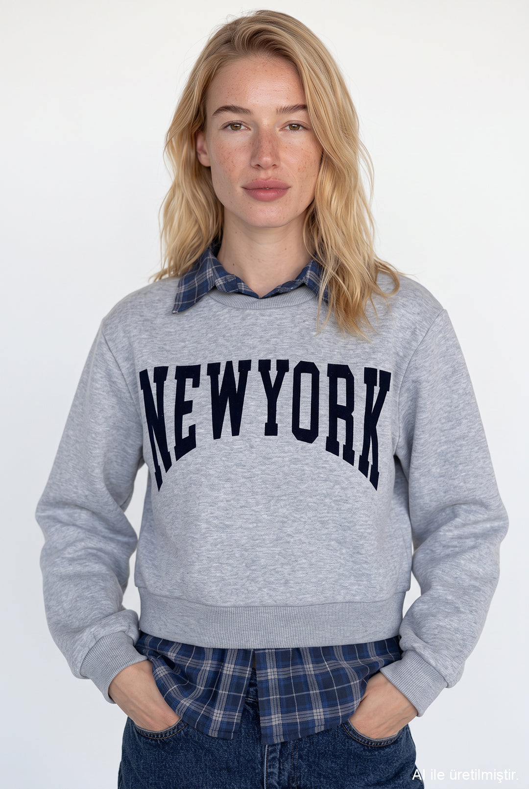 Ekose Garnili New York Yazılı Oversize Sweatshirt Grimelanj