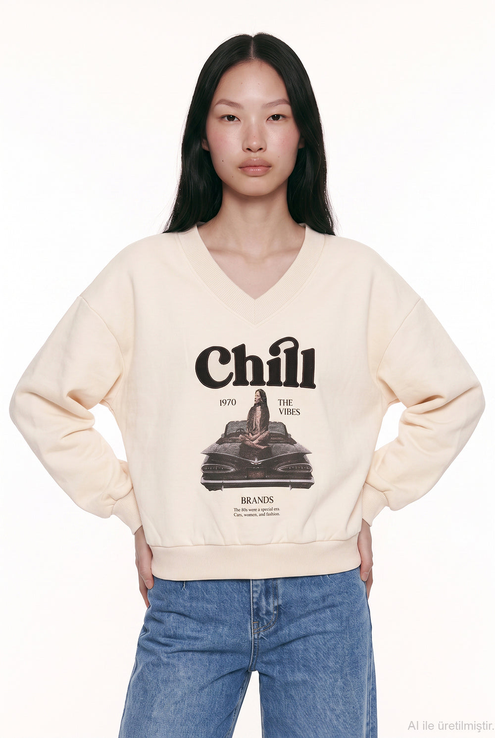 Chill Nakışlı V Yaka Oversize Sweatshirt Bej