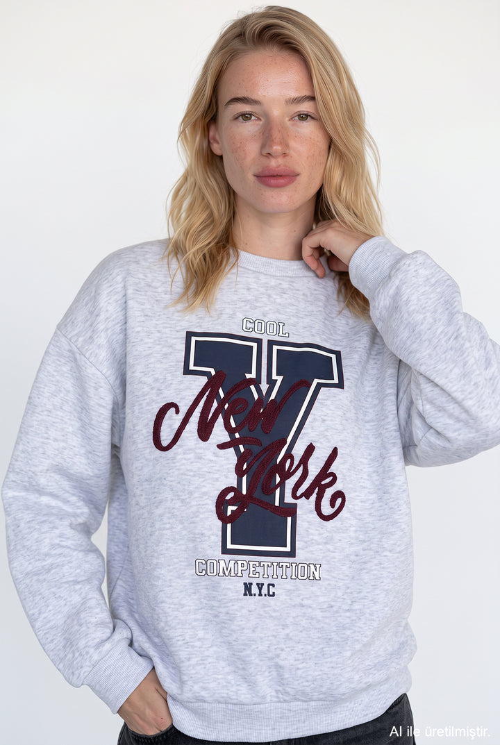 Y Baskılı Nakışlı Sweatshirt Karmelanj