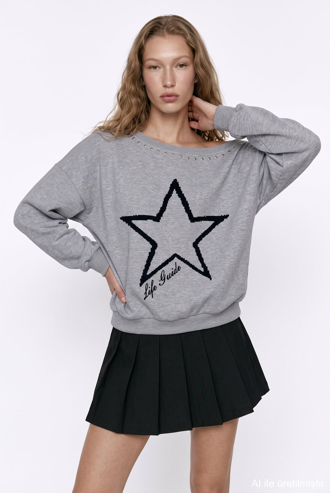 Kayık Yaka Yıldız Baskılı Sweatshirt Grimelanj