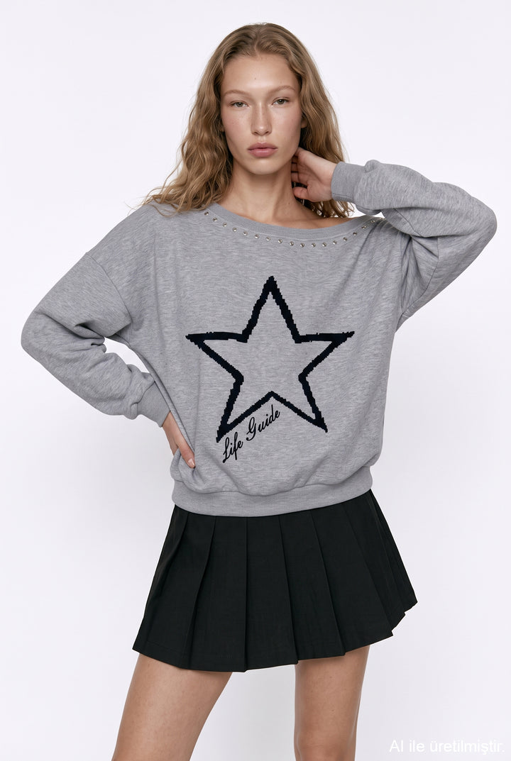 Kayık Yaka Yıldız Baskılı Sweatshirt Grimelanj