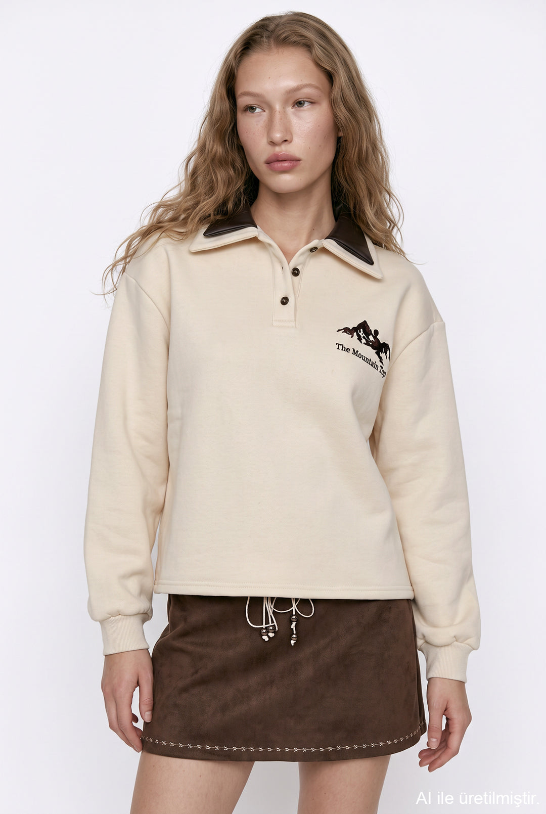 Polo Yaka Yazı Nakışlı Oversize Sweatshirt Bej