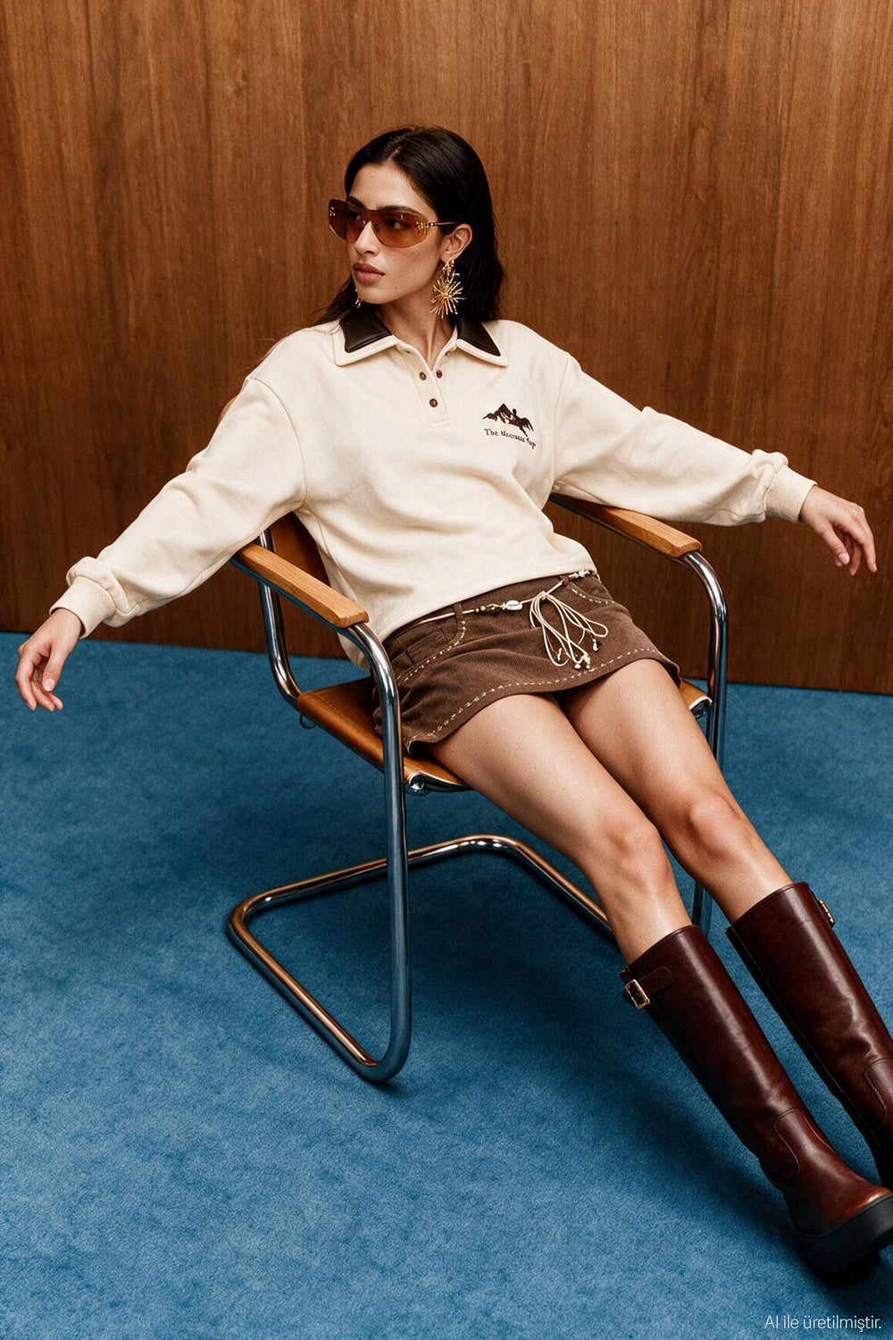 Polo Yaka Yazı Nakışlı Oversize Sweatshirt Bej