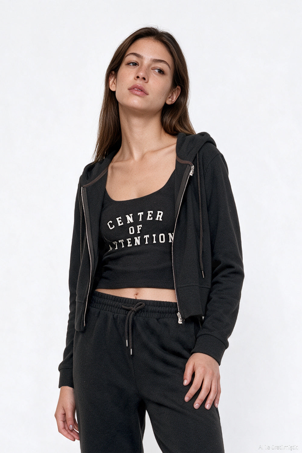 Kapüşonlu Fermuarlı Kısa Sweatshirt Kahverengi