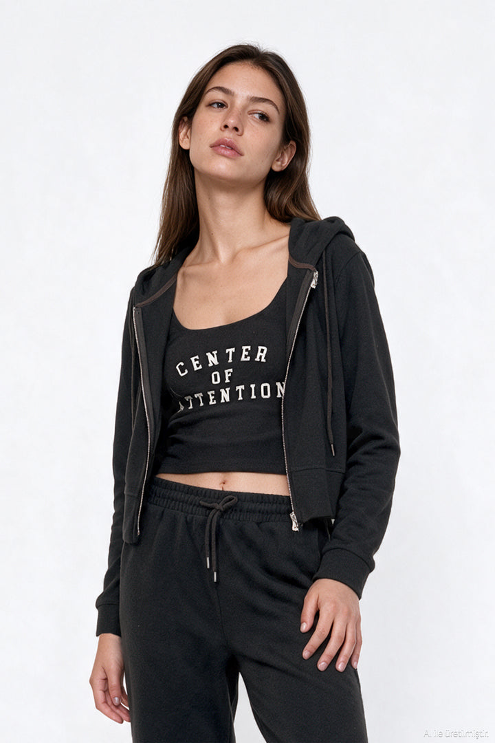 Kapüşonlu Fermuarlı Kısa Sweatshirt Kahverengi