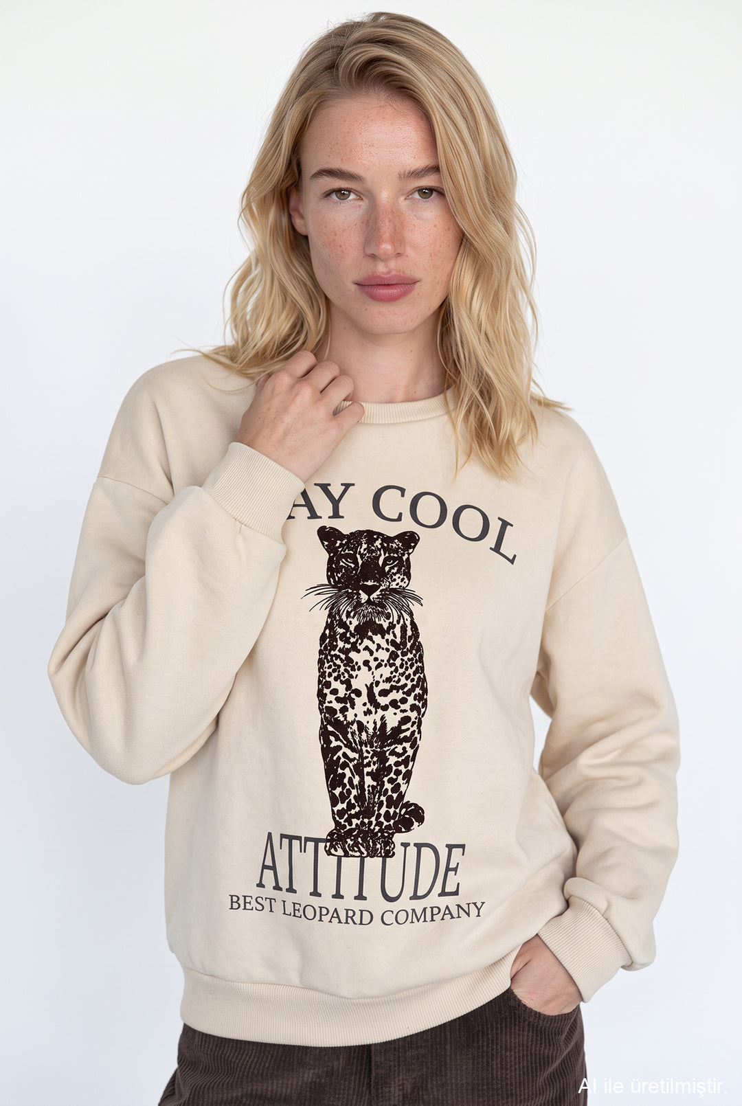 Leopar ve Yazı Baskılı Oversize Sweatshirt Bej