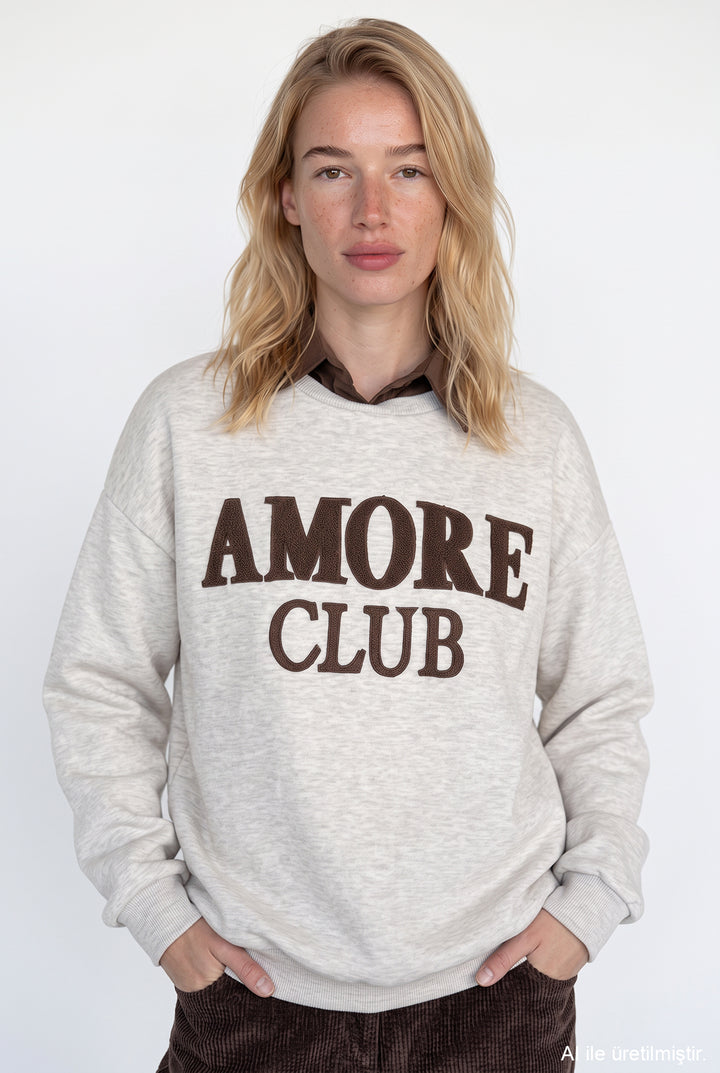 Polo Yaka Amore Nakışlı Oversize Sweatshirt Bejmelanj
