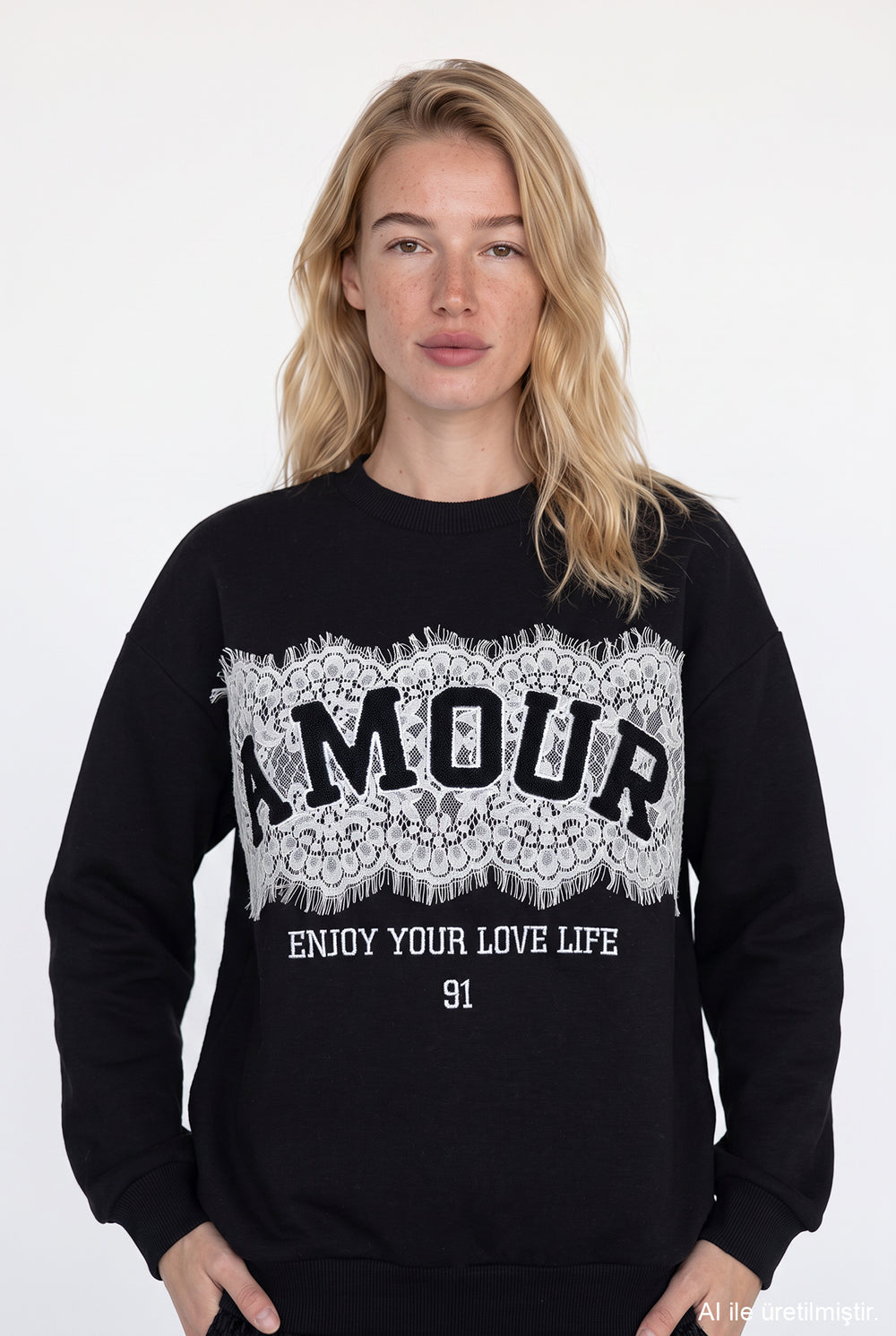 Dantel Aplikeli Oversize Sweatshirt Siyah