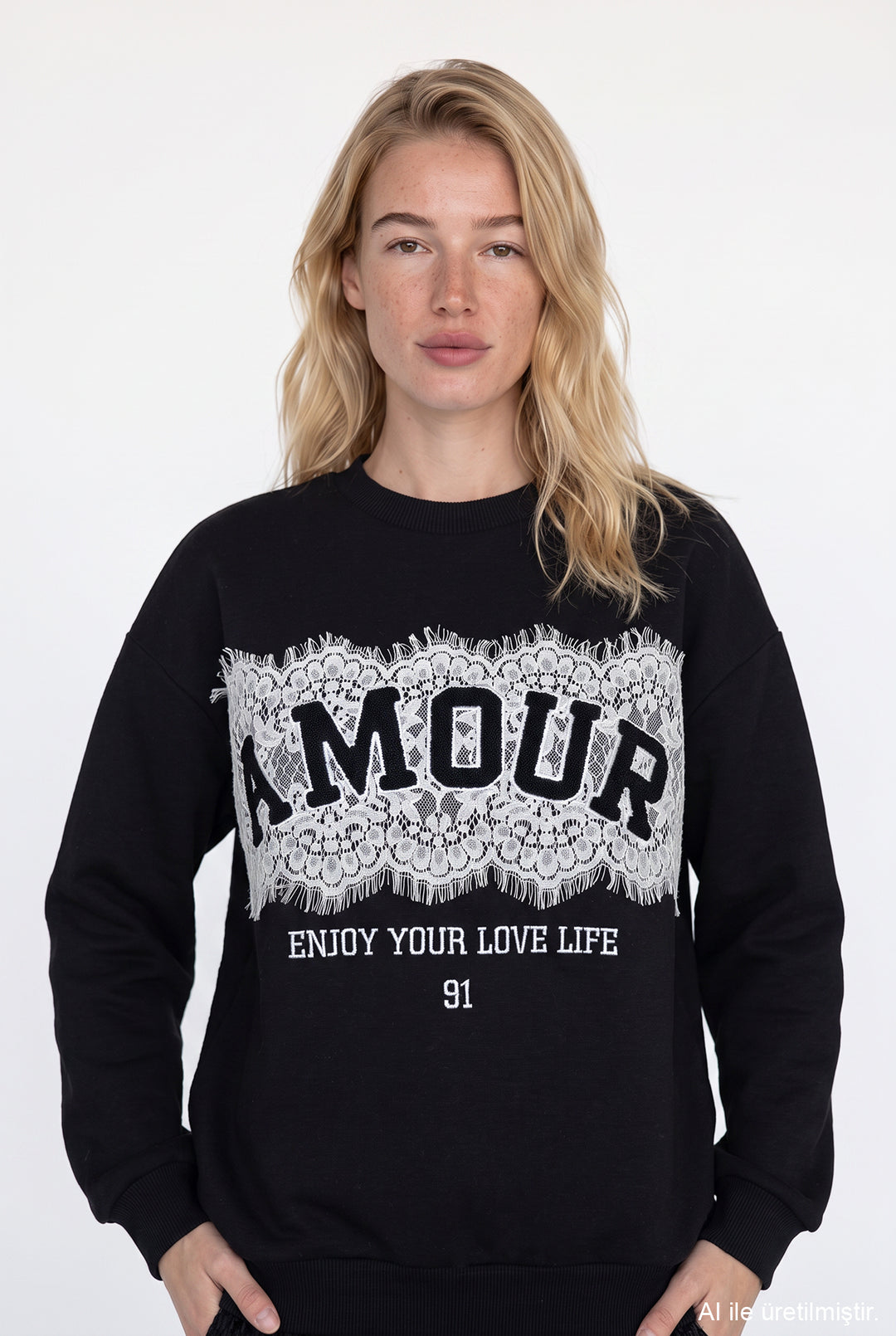 Dantel Aplikeli Oversize Sweatshirt Siyah