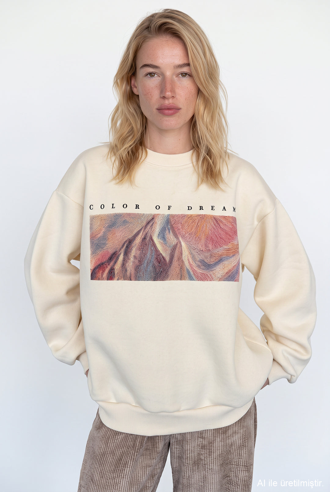 Grafik Baskılı Oversize Sweatshirt Bej