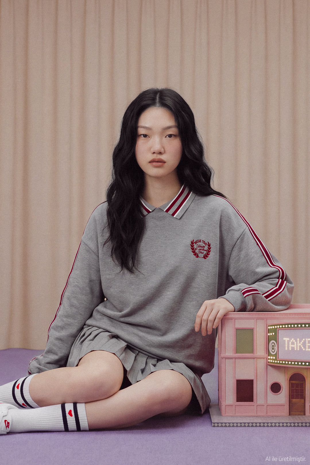 Polo Yaka Nakışlı Oversize Sweatshirt Grimelanj