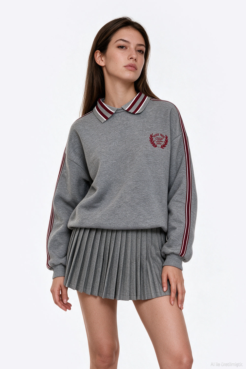 Polo Yaka Nakışlı Oversize Sweatshirt Grimelanj