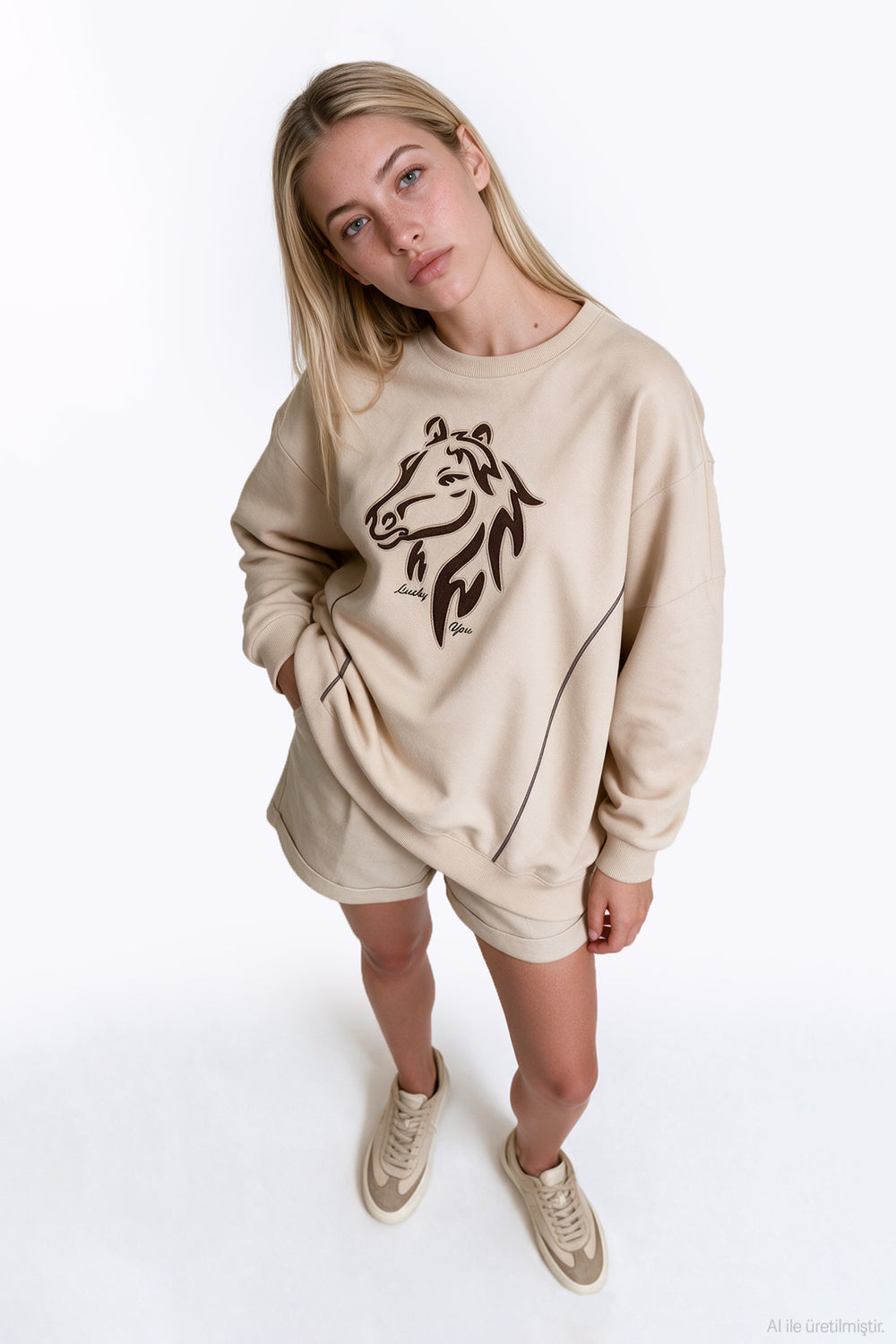 At Figür Nakışlı Sweatshirt Bej