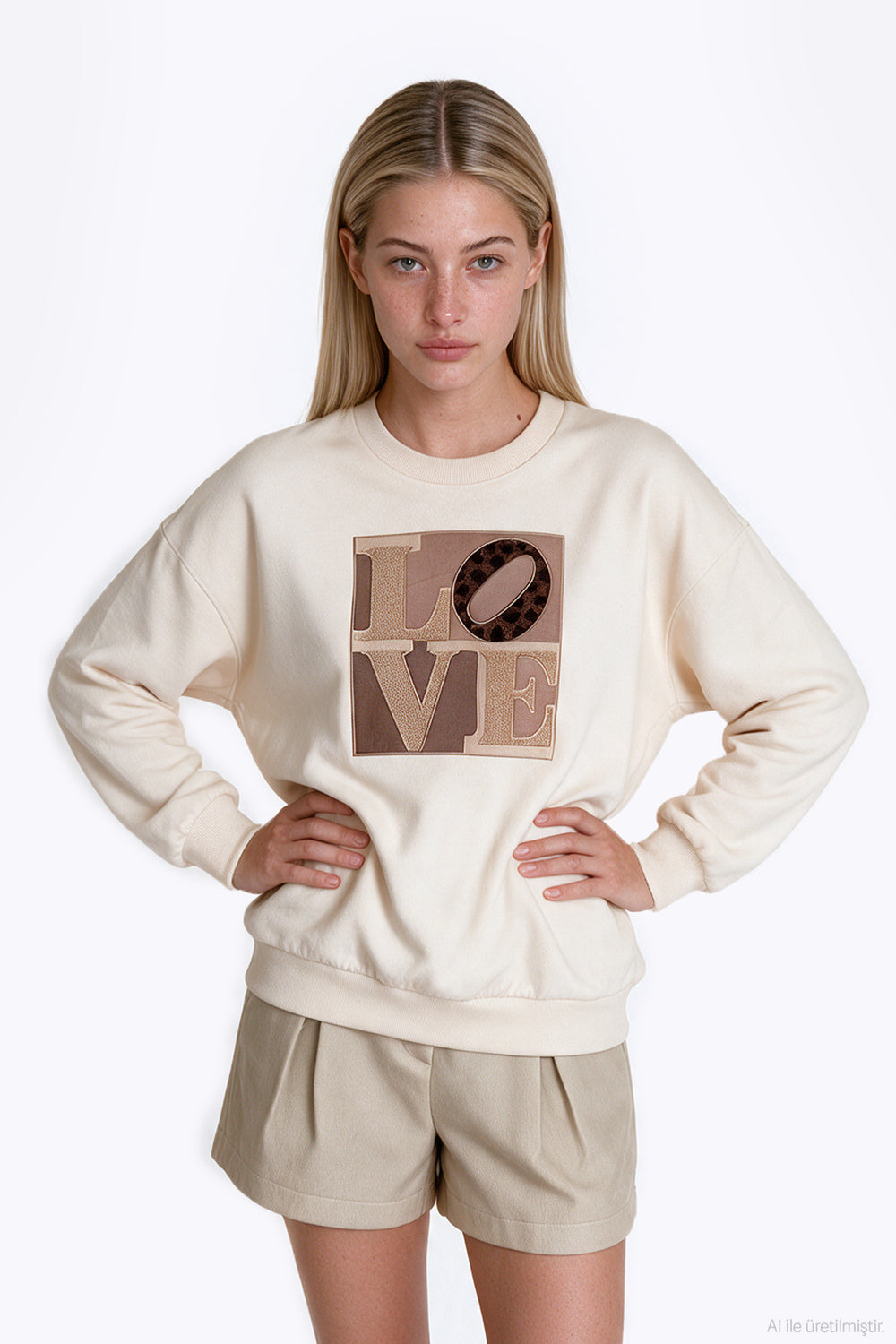 Love Nakışlı Sweatshirt Krem