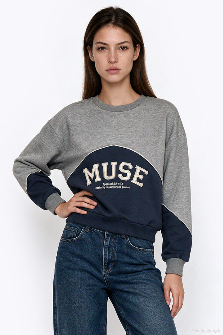 Yazı Nakışlı Renk Bloklu Sweatshirt Grimelanj