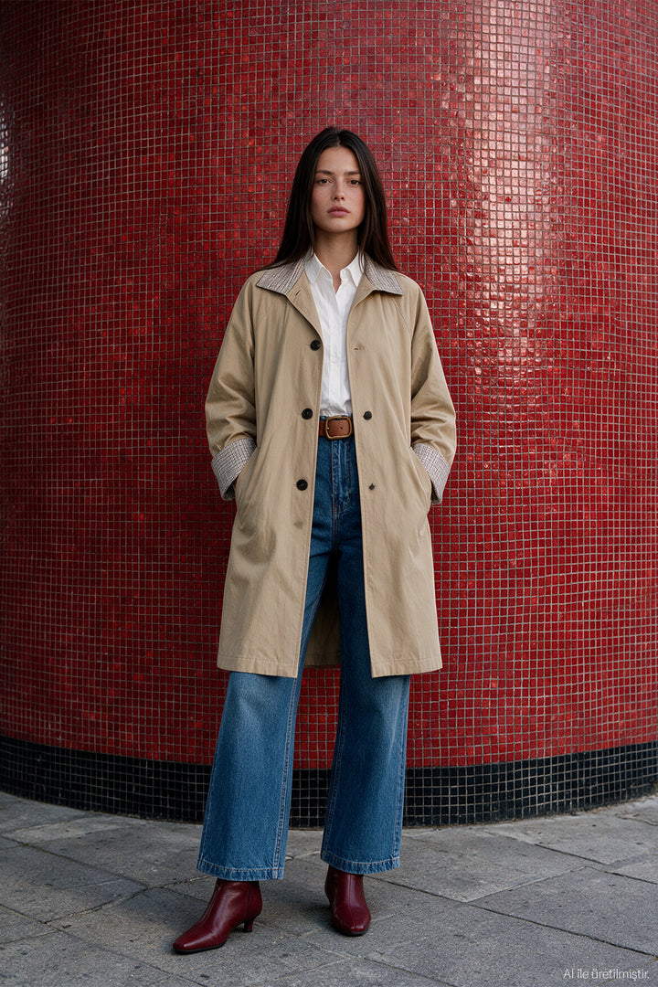 Ekose Manşetli Oversize Trençkot Bej
