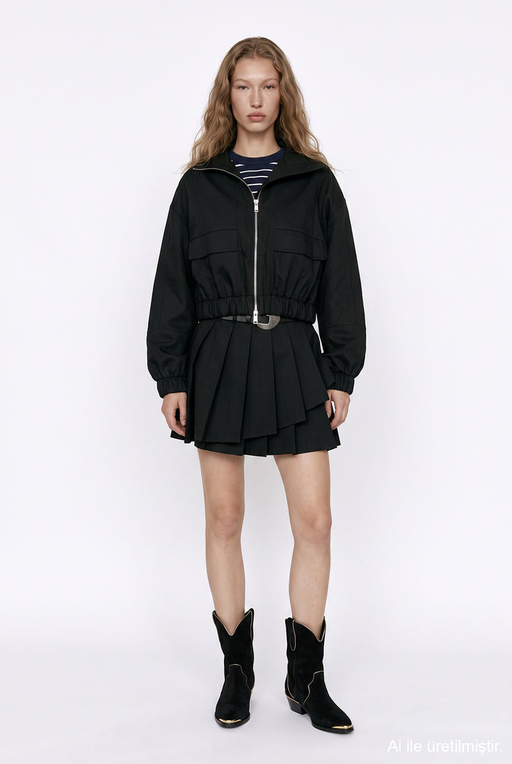 Beli Lastikli Cepli Bomber Ceket Siyah
