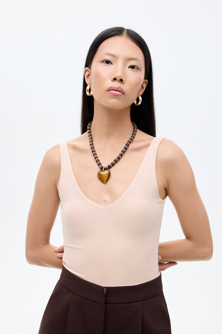V Yaka Basic Bodysuit Bej
