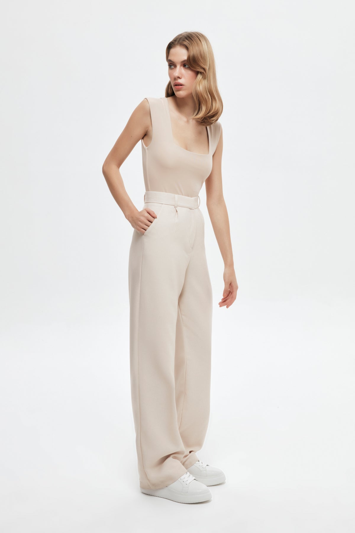 High Waist Wide Leg Fabric Trousers Stone