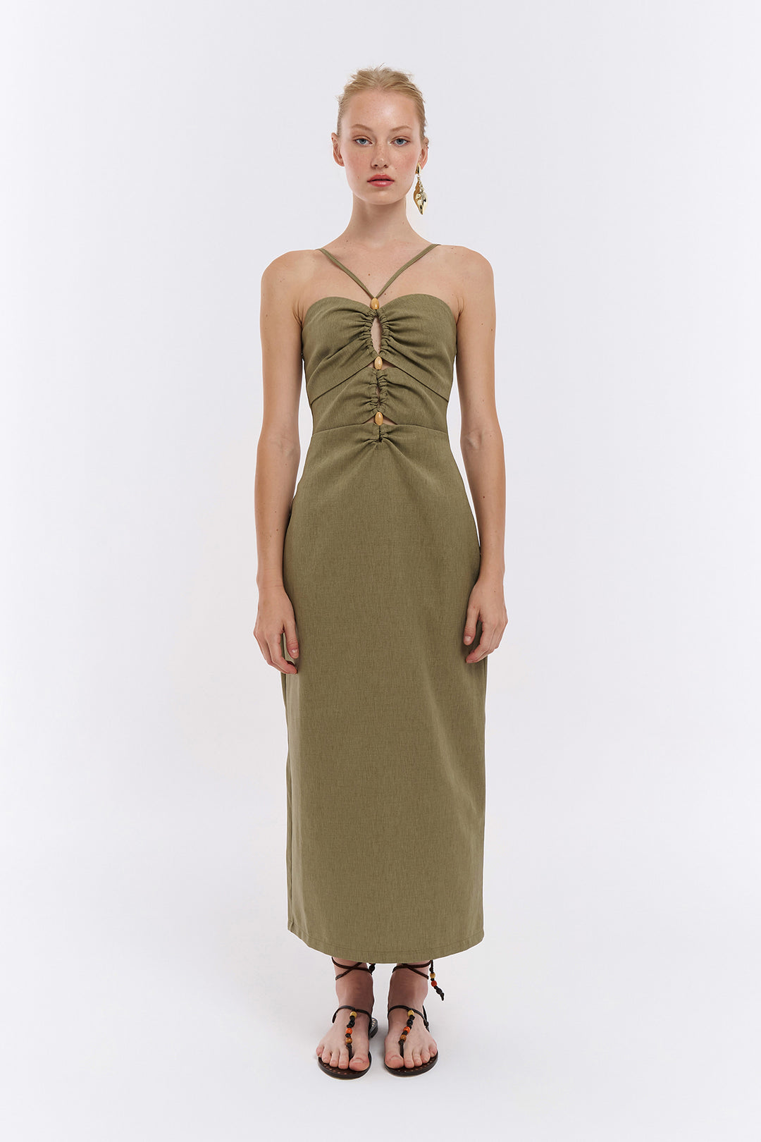 Cut Out Detaylı Midi Boy Elbise Haki