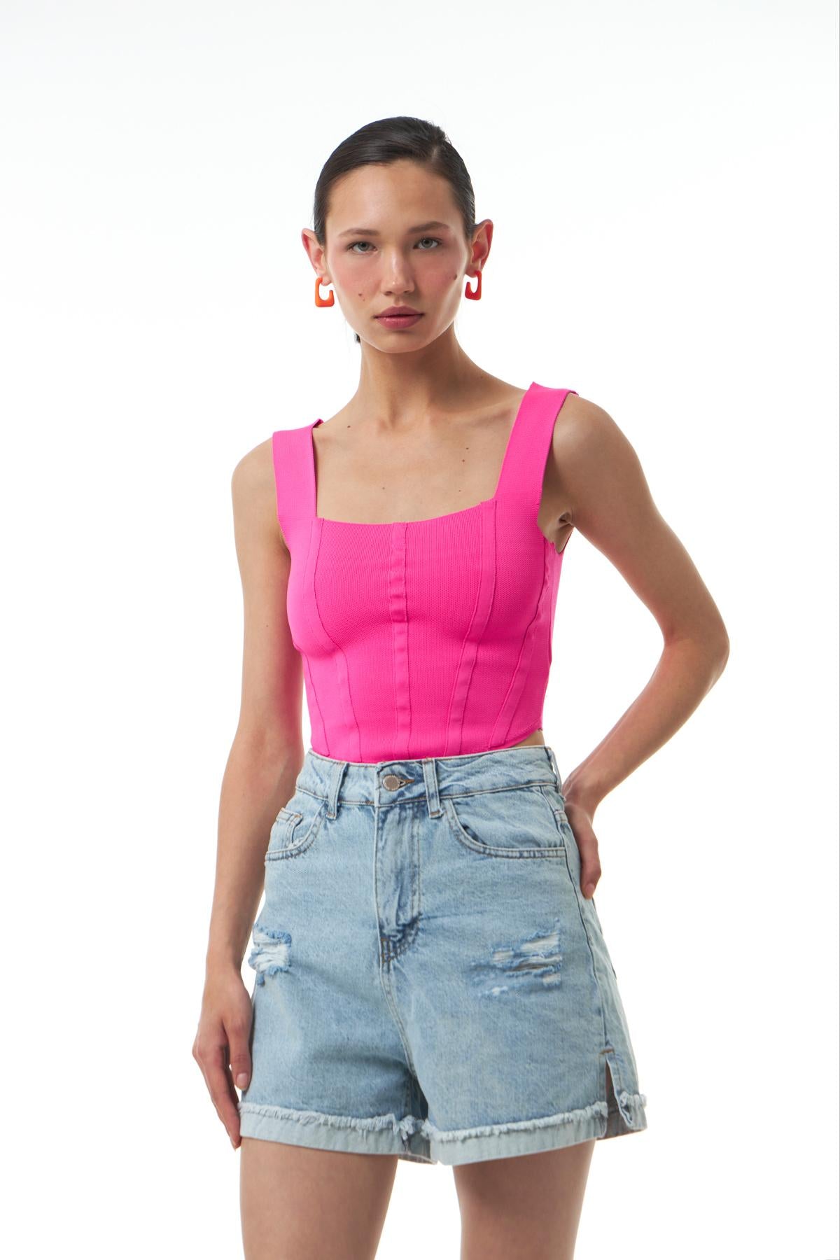 Askılı Crop Triko Neon Pembe