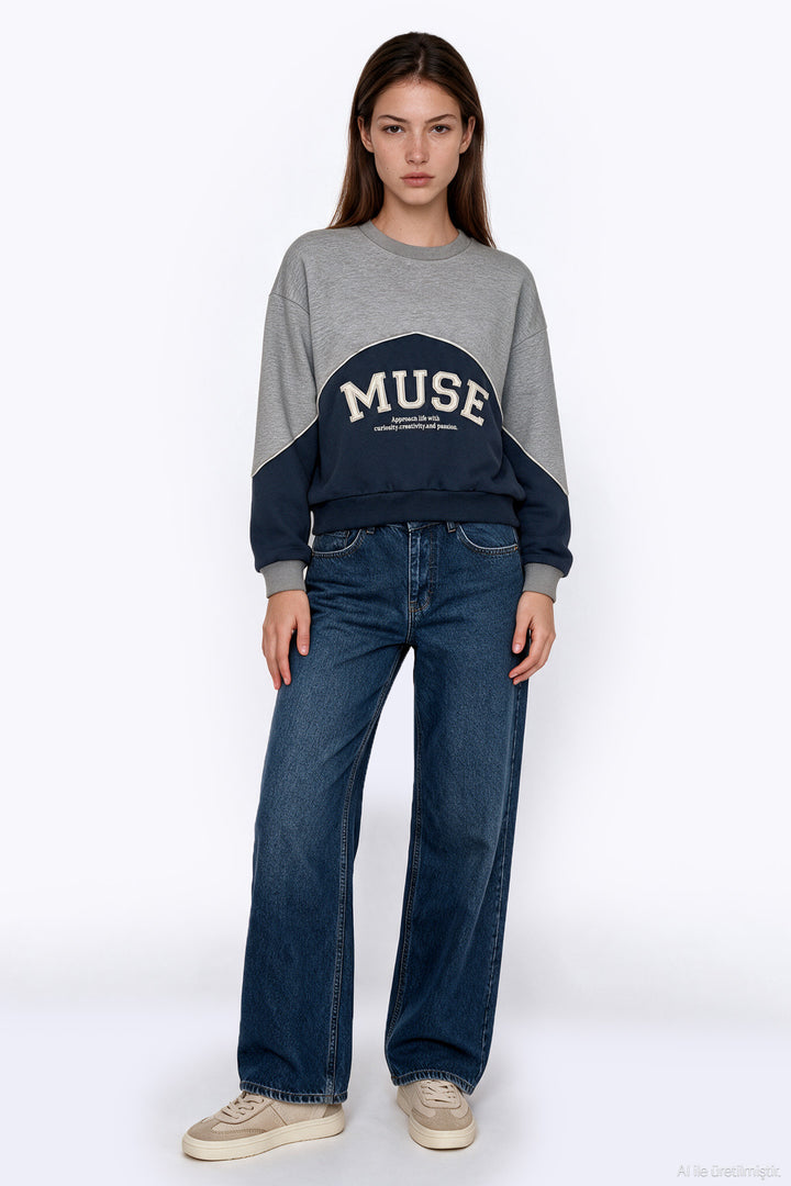 Yazı Nakışlı Renk Bloklu Sweatshirt Grimelanj