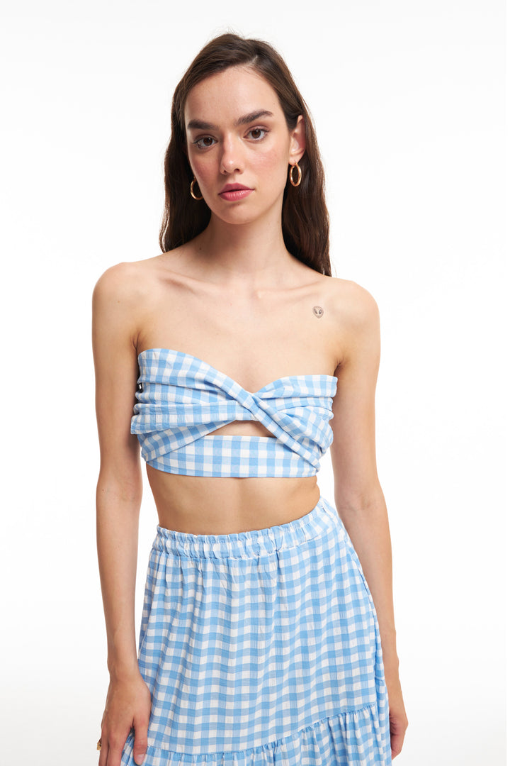 Plaid Knot Detailed Crop Blouse Blue