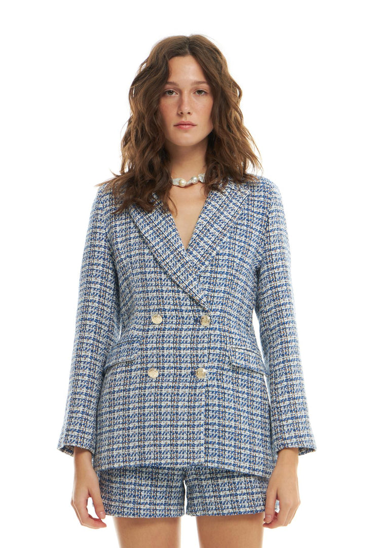 Kruvaze Yaka Düğme Detaylı Tüvit Blazer Ceket Sax