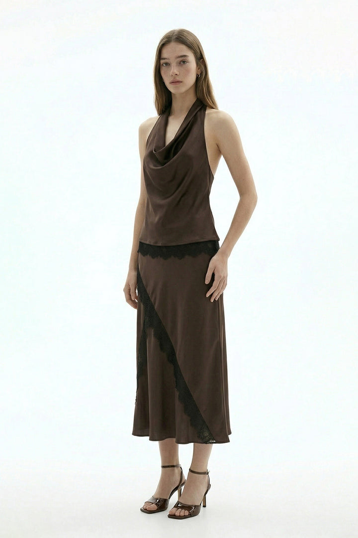 Dantel Şeritli Saten Midi Etek Kahverengi