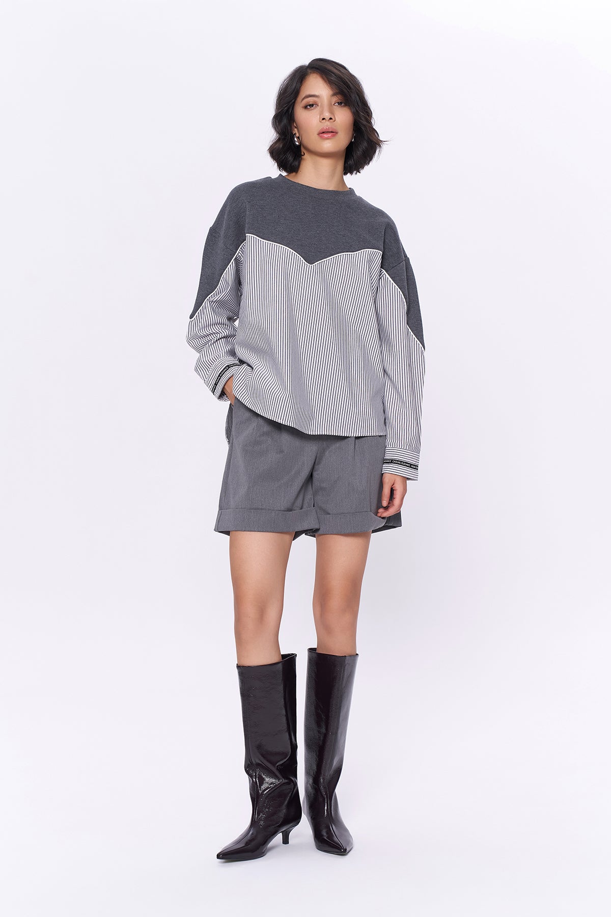 Çizgili Match Oversize Sweatshirt Gri