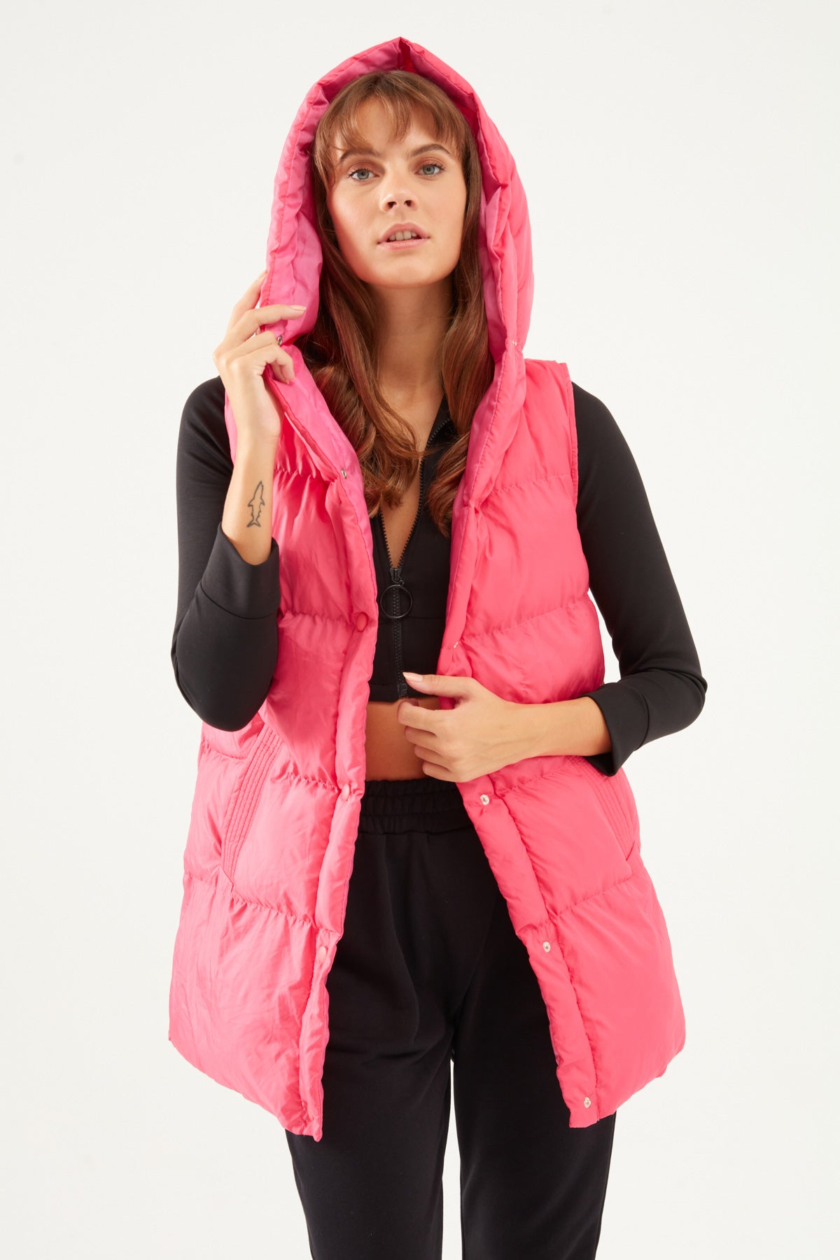 Hooded Belted Inflatable Vest Fuchsia