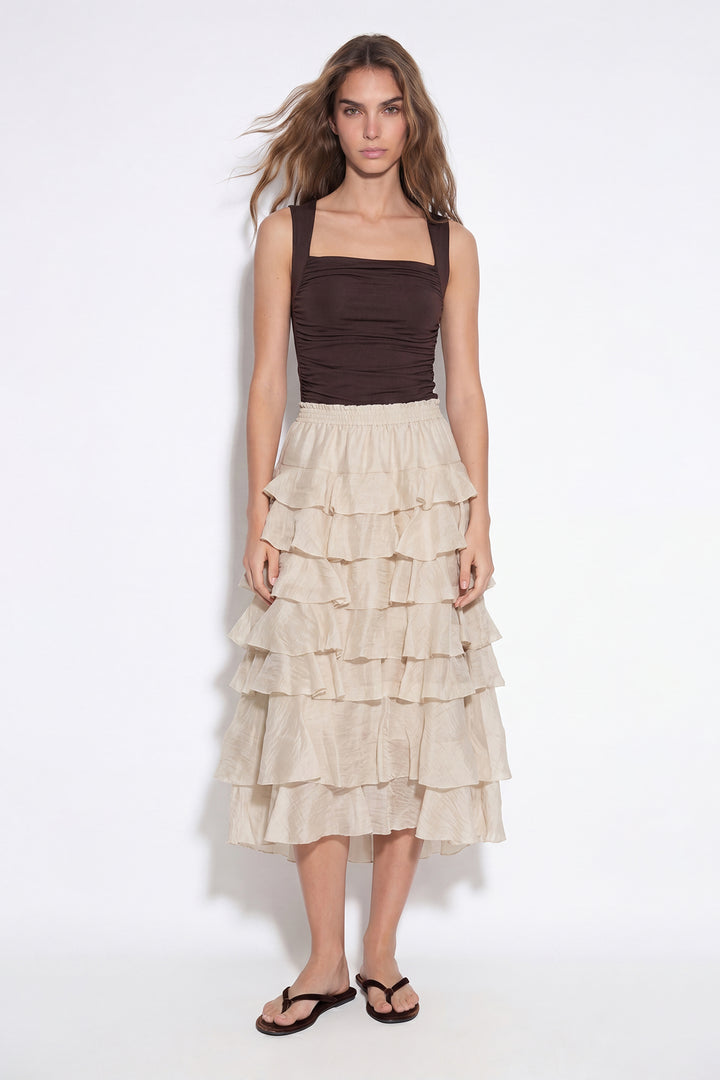 Beli Lastikli Katlı Fırfırlı Midi Etek Taş