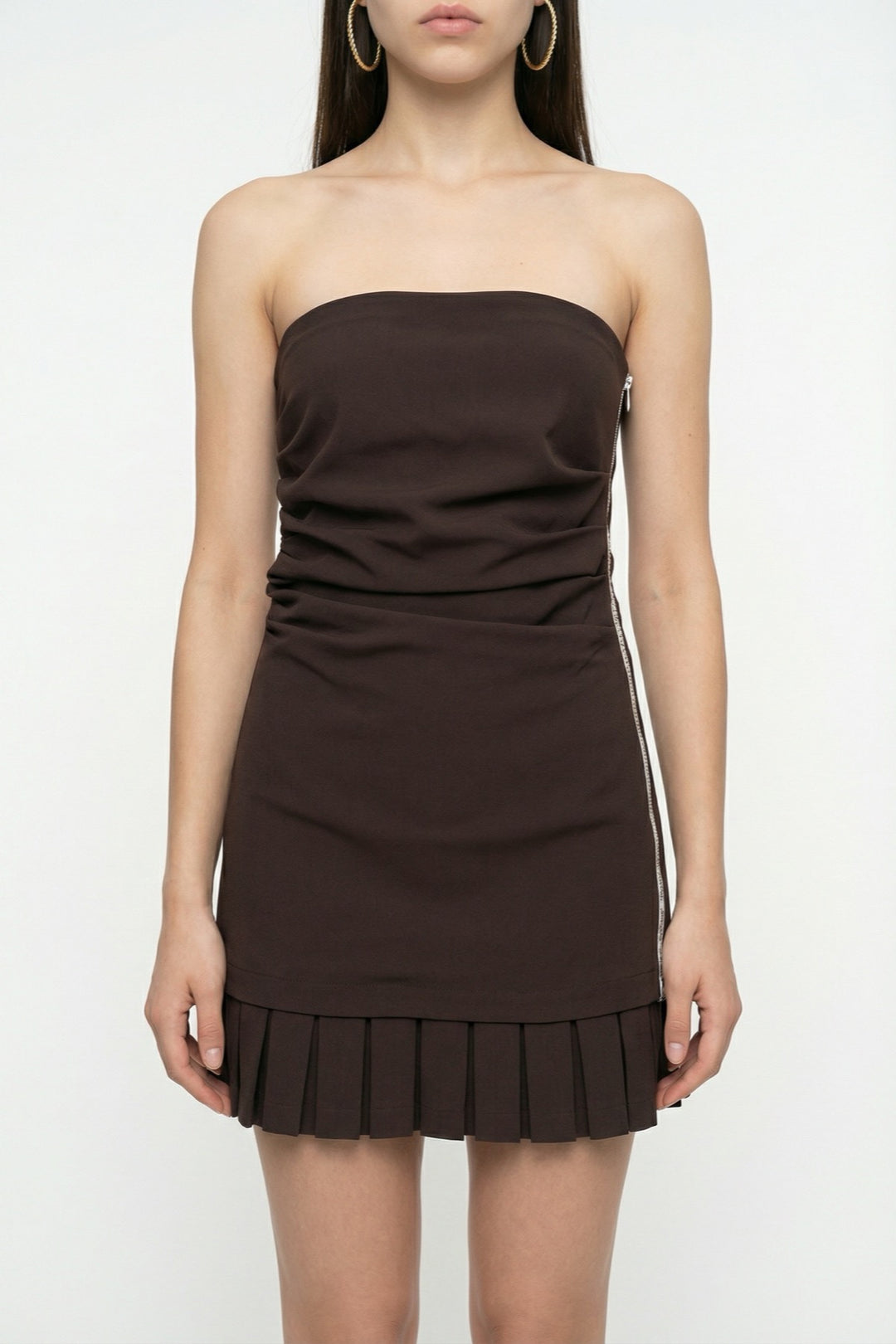 Straplez Drapeli Pileli Mini Elbise Kahverengi