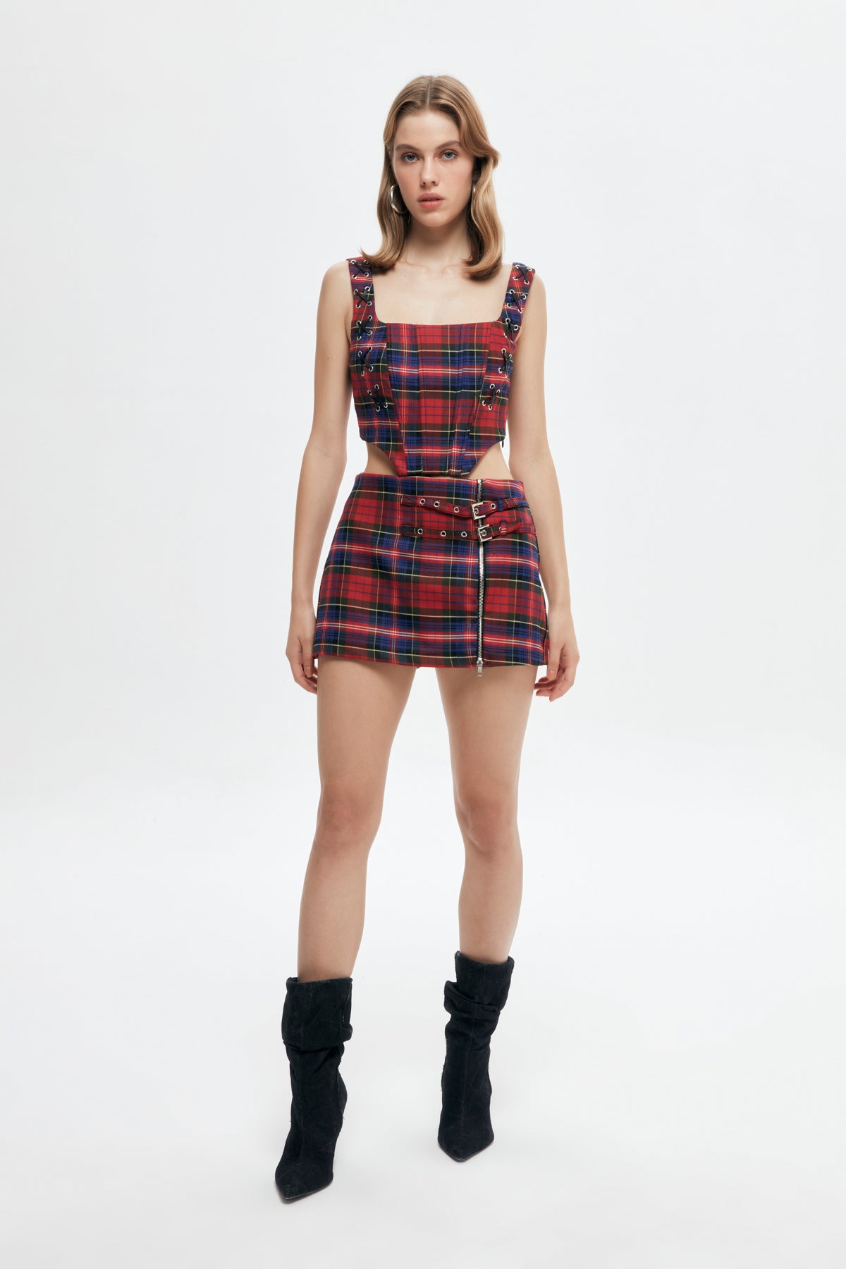 Zipper Detailed Checked Mini Shorts Skirt Red