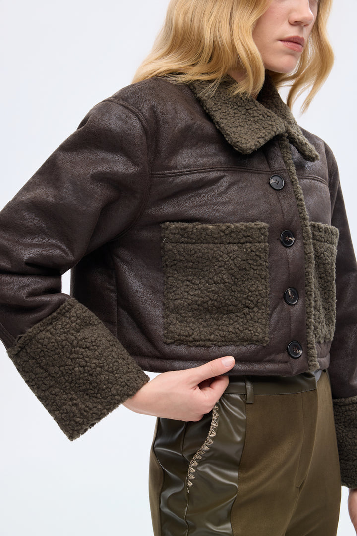 Kürk Garnili Süet Kısa Mont Haki