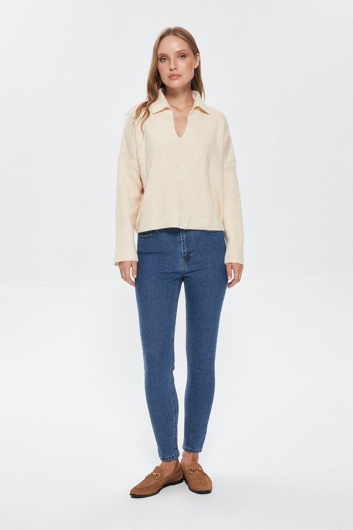 Shirt Collar Crop Sweater Cream