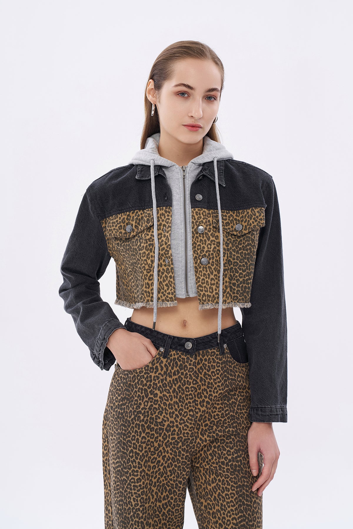 Leopar Matchli Kapüşonlu Crop Ceket Bej