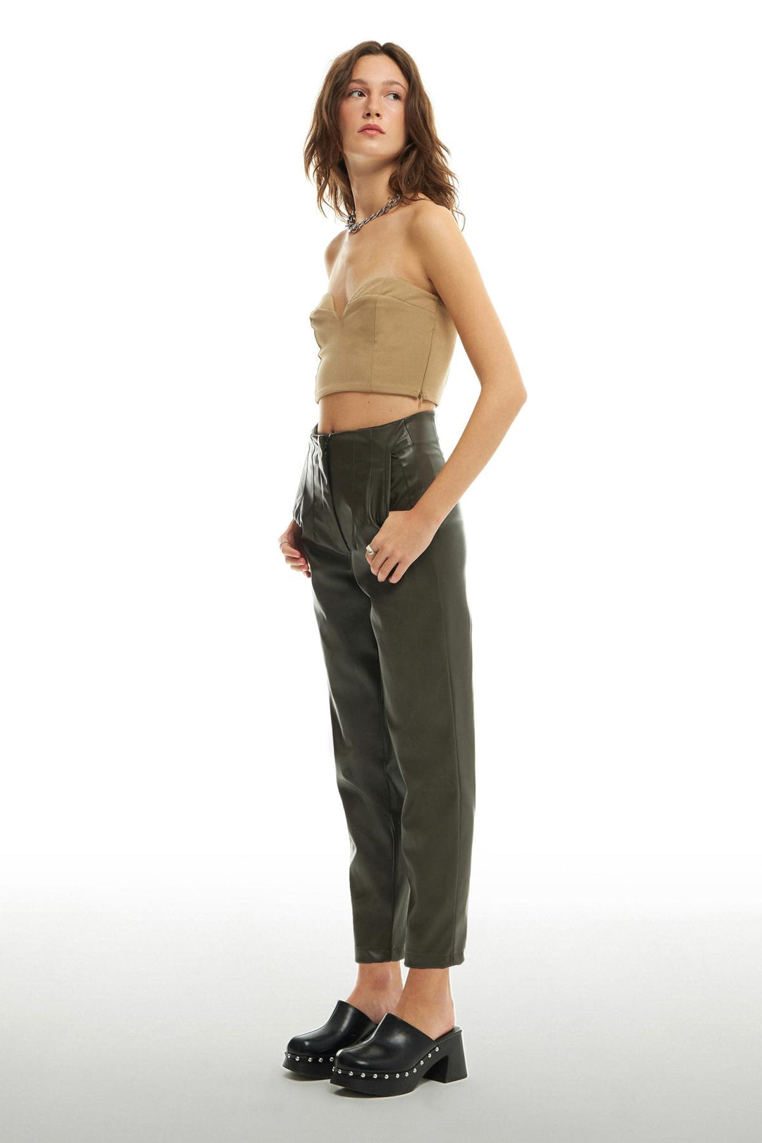 Plier Detailed Leather Trousers Khaki