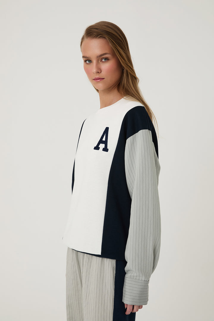 Renk Bloklu Çizgili Sweatshirt Ekru