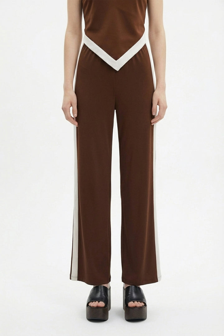 Kontrast Yan Şeritli Bol Paça Pantolon Kahverengi