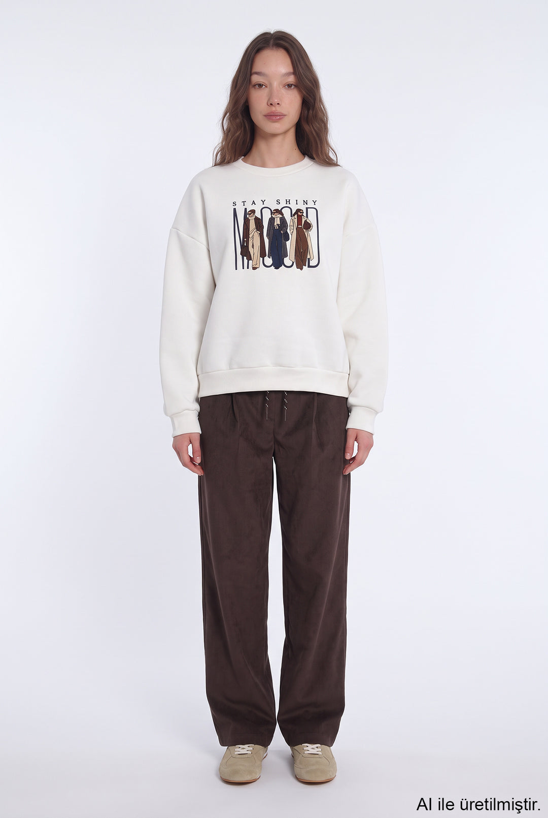 Kadın Figürlü Bisiklet Yaka Sweatshirt Ekru