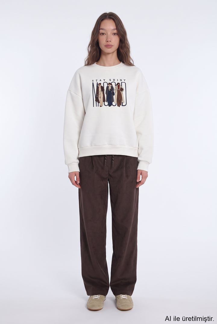Kadın Figürlü Bisiklet Yaka Sweatshirt Ekru