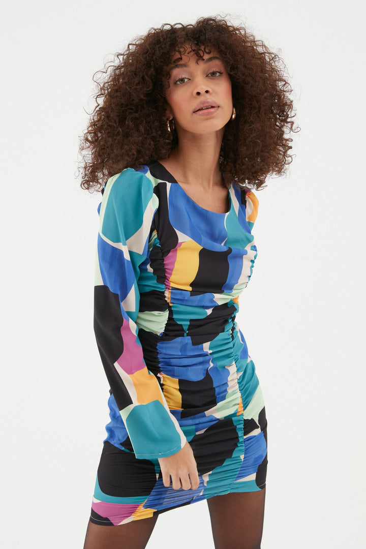 Renkli Desenli Büzgülü Elbise Mavi