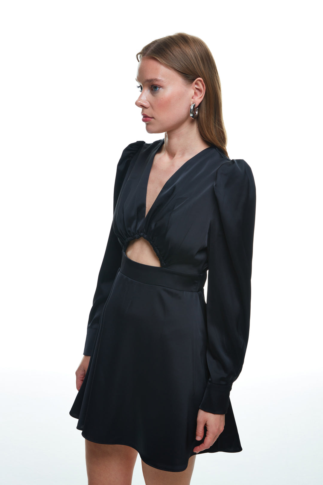 Window Detailed Satin Mini Dress Black