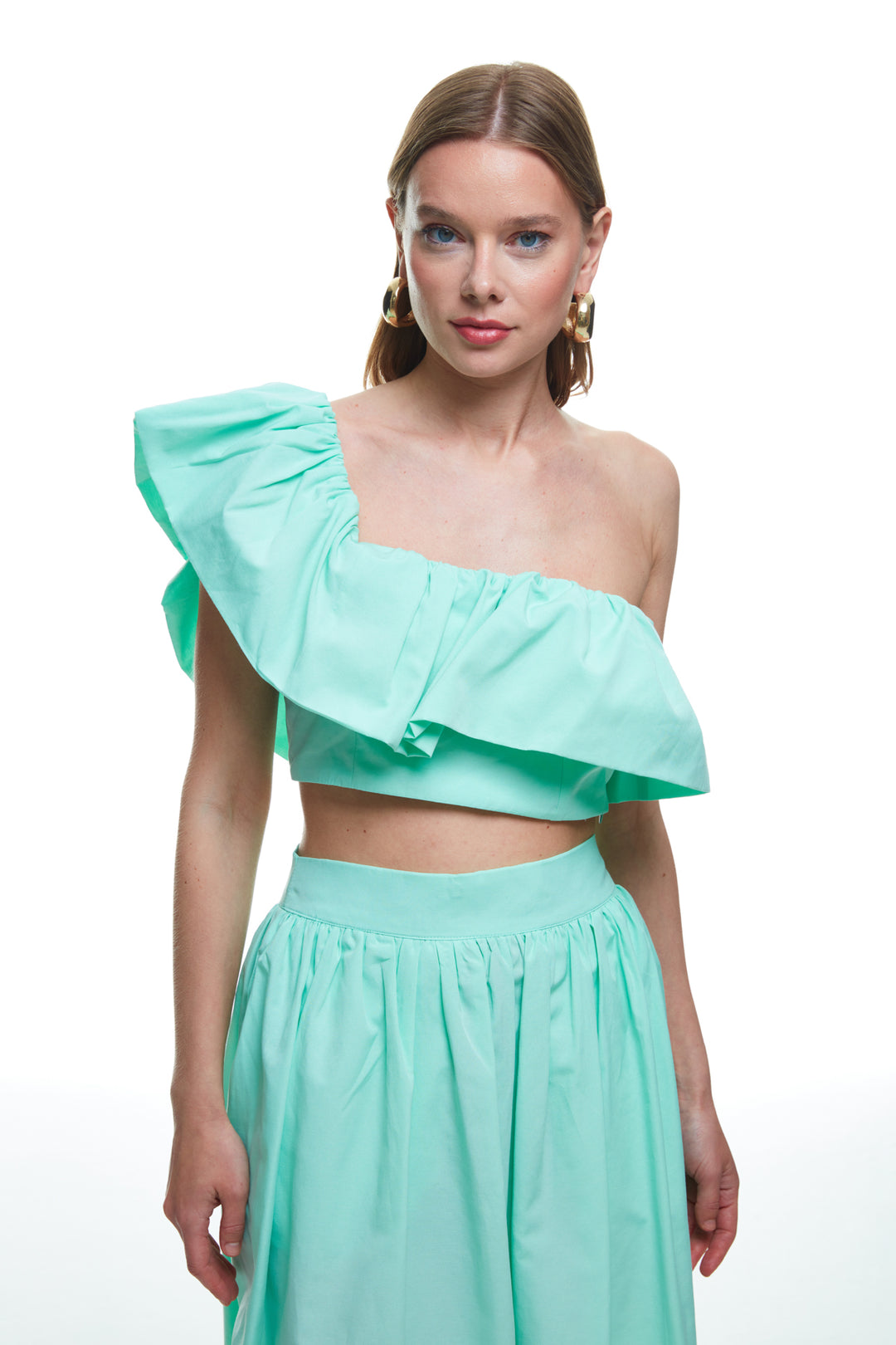 Ruffle Detailed One-Shoulder Crop Blouse Mint