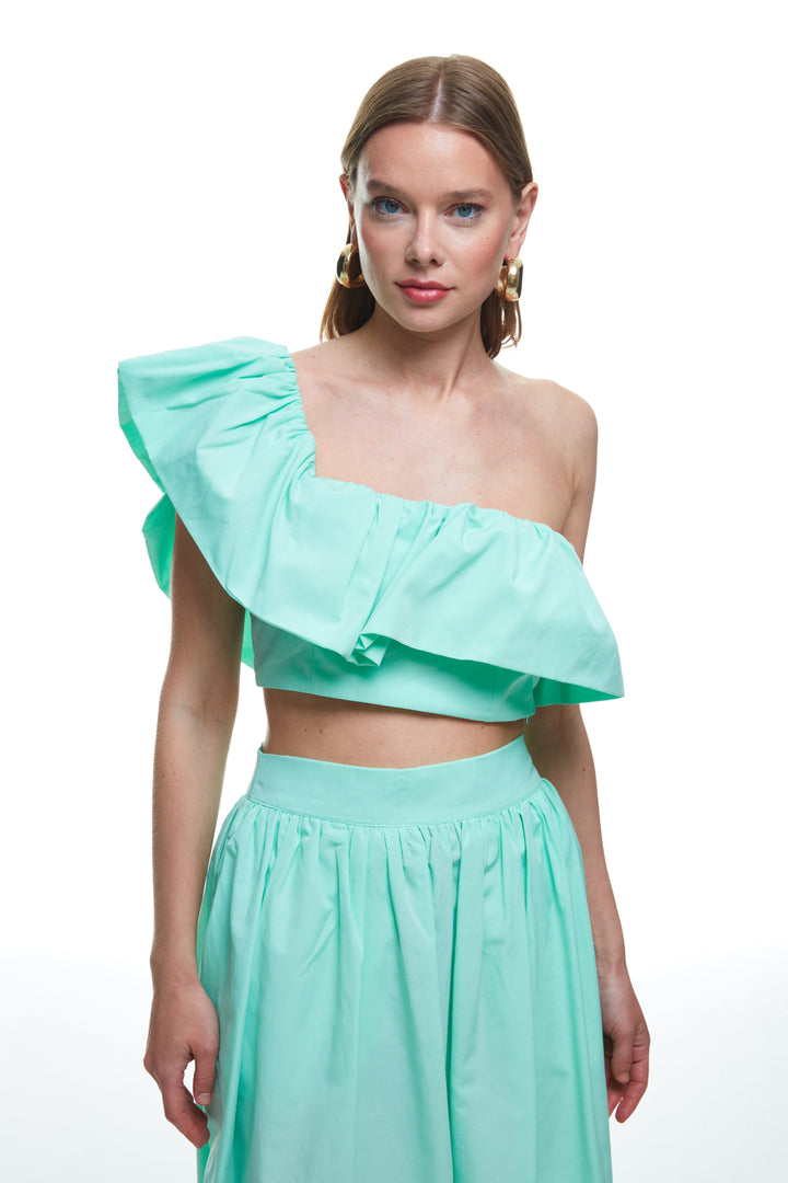 Ruffle Detailed One-Shoulder Crop Blouse Mint