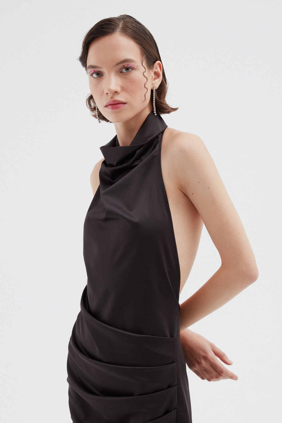 Low Back Slit Satin Dress Black