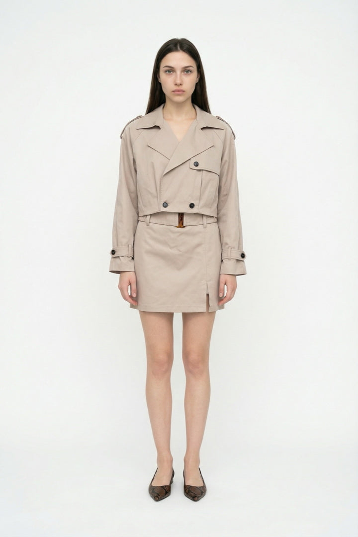 Kemerli Ön Yırtmaçlı Mini Şort Etek Bej